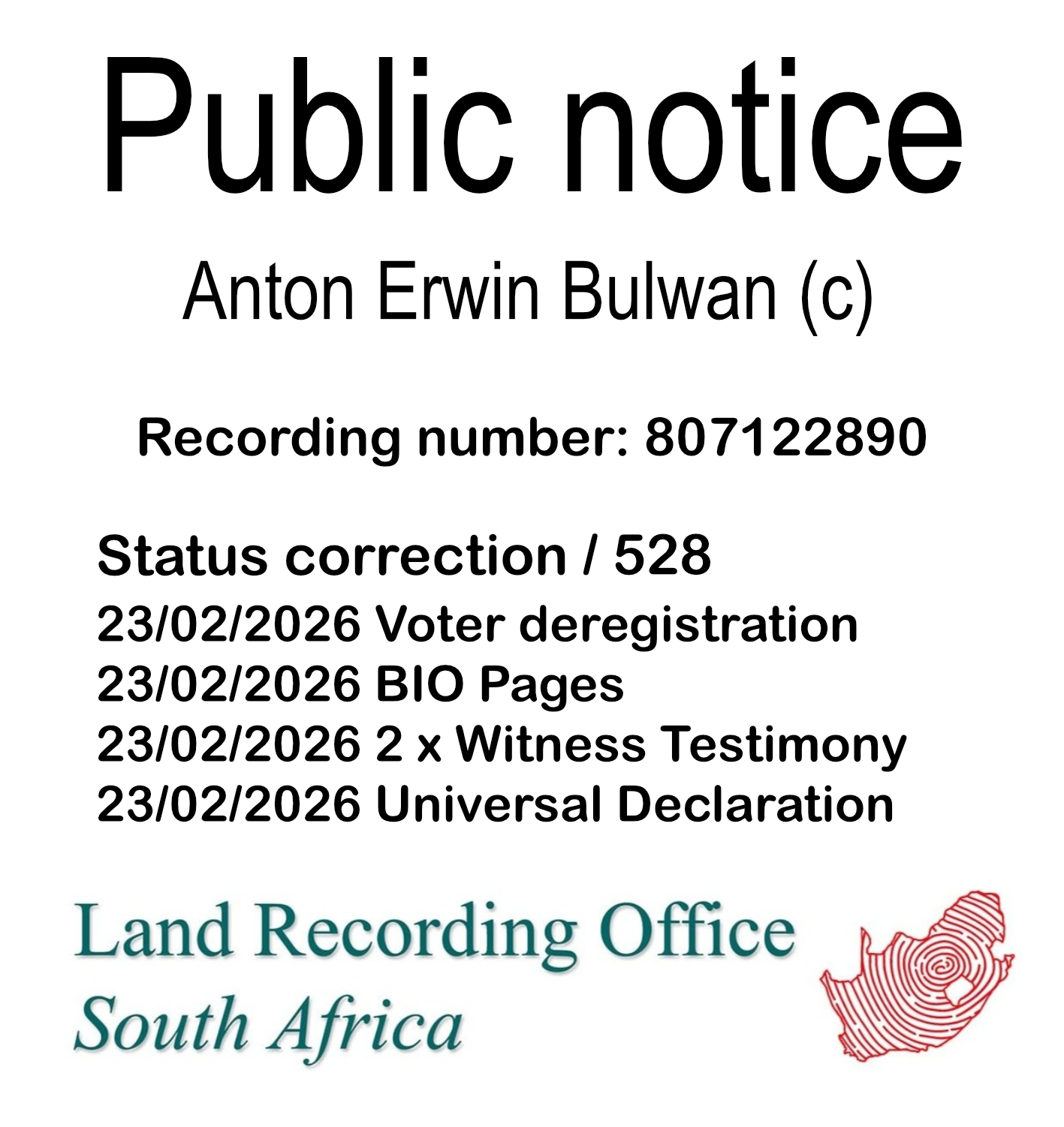 Public notice Anton Erwin Bulwan (c) Recording number 807122890